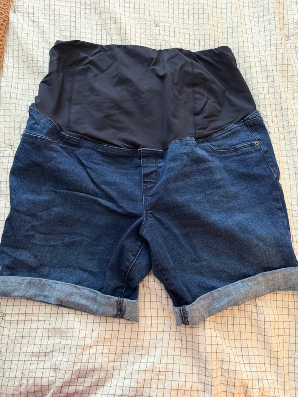 Maternity Denim Shorts with Stretch Panel - Dark Blue & Black